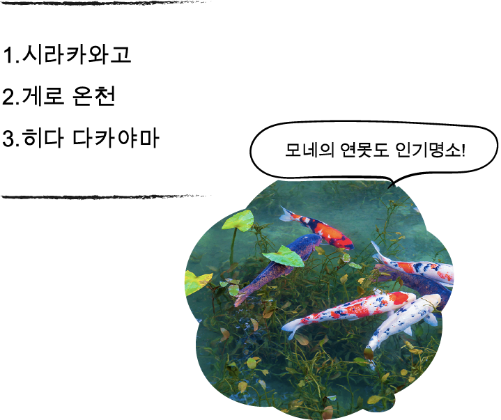 1.시라카와고 2.게로 온천 3.히다 다카야마 모네의 연못도 인기명소!